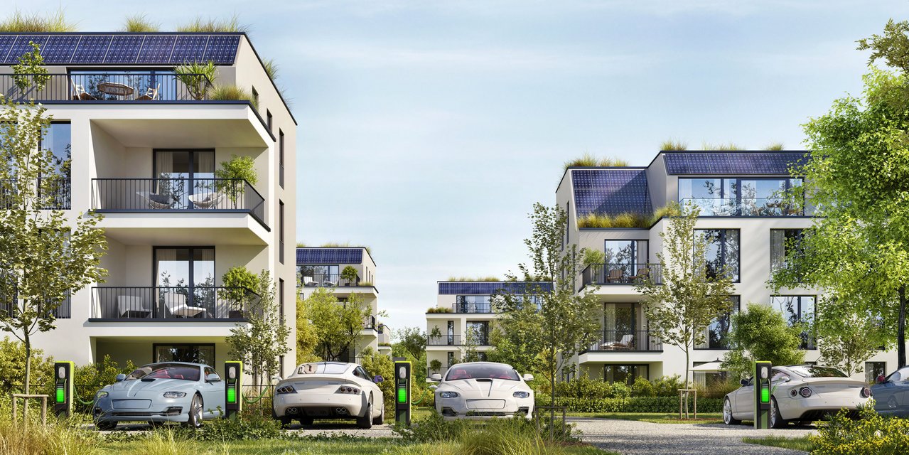 Modern residential buildings with solar panels. Low-energy hous AdobeStock_377923338.jpeg